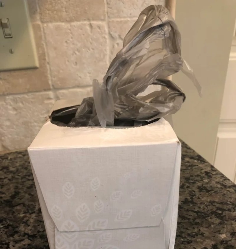 Utilisez une boîte de mouchoirs vide pour ranger les sacs en plastique | Reddit.com/Cupieqt