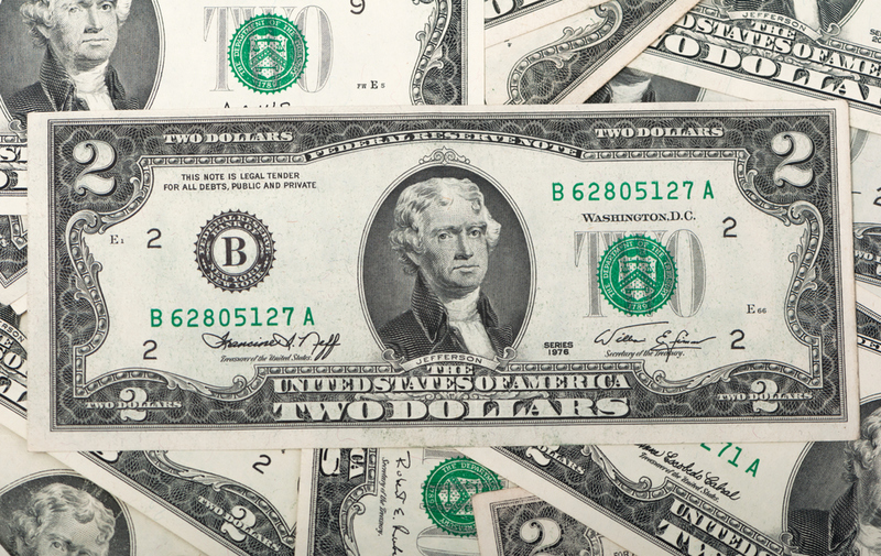 Five Two Dollar Bills | Shutterstock