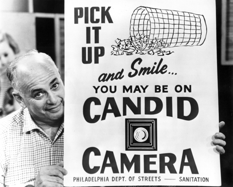 Host Allen Funt Smiling for the Camera on ’Smile, You’re on Candid Camera!’ (1948-1990) | Alamy Stock Photo