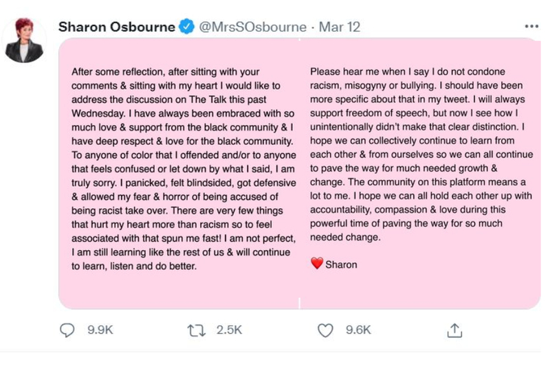 Sharon Osbourne Tweets an Apology | Twitter/@MrsSOsbourne