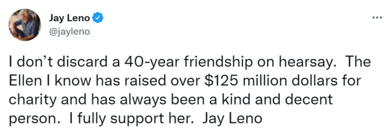 Jay Leno Tweets Some Love to Ellen | Twitter/@jayleno