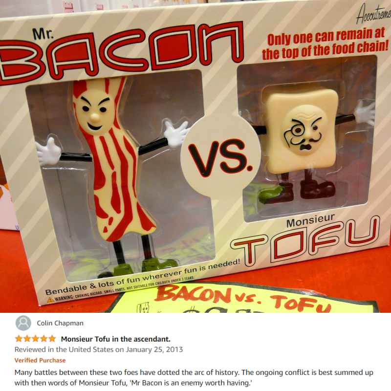 Accouterments Mr. Bacon vs. Monsieur Tofu Action Figures | Flickr Photo by sea turtle