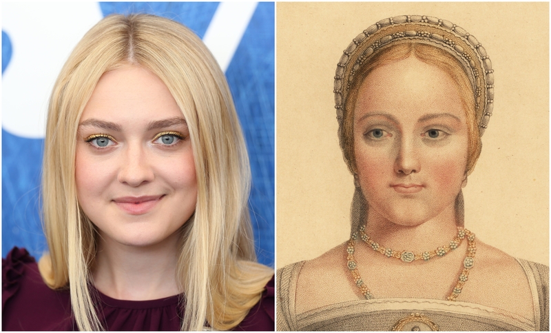 Dakota Fanning and “Portrait of Mary Zouch” by Hans Holbein the Younger | Shutterstock & Alamy Stock Photo