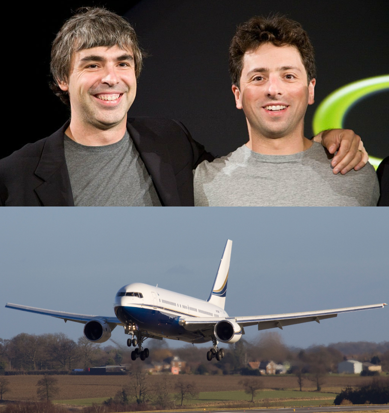 Larry Page & Sergey Brin – Boeing 767-200, Estimated $40 Million | Getty Images Photo by James Leynse & Alamy Stock Photo by Anthony Kay/Flight