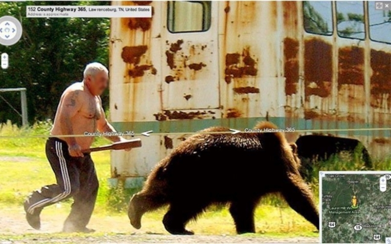 Old Man With Wooden Paddle vs. Bear | Imgur.com/5m1Wz via Google Street View